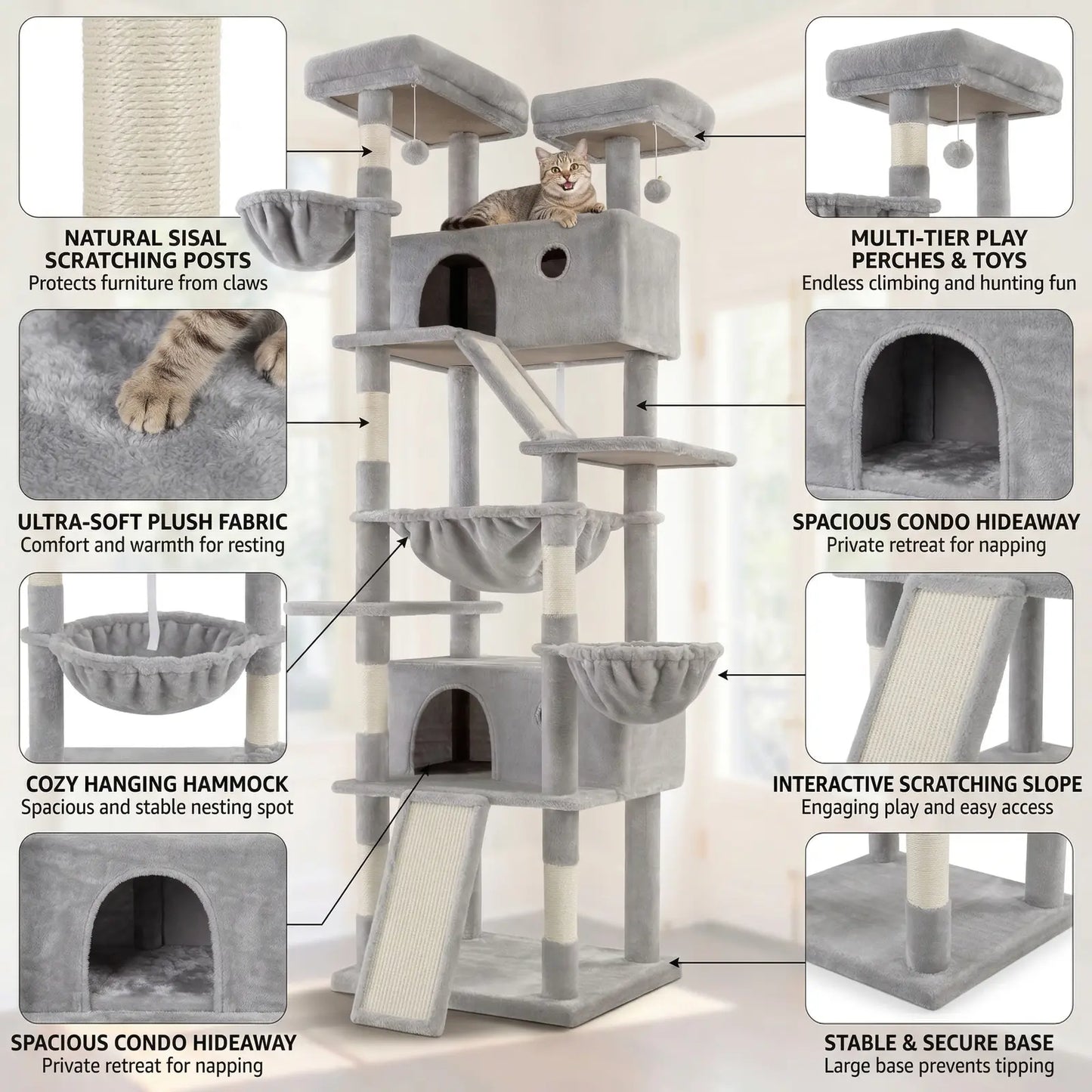 HOOMIC 81In Large Cat Tree Tower, Multi-Level Climbing House with Condo, Hammock & Scratching Post, Wide Base for Big Felines, Grey/Beige/Dark Blue/Pink/Leopard Print/Black Dots#Summervibes