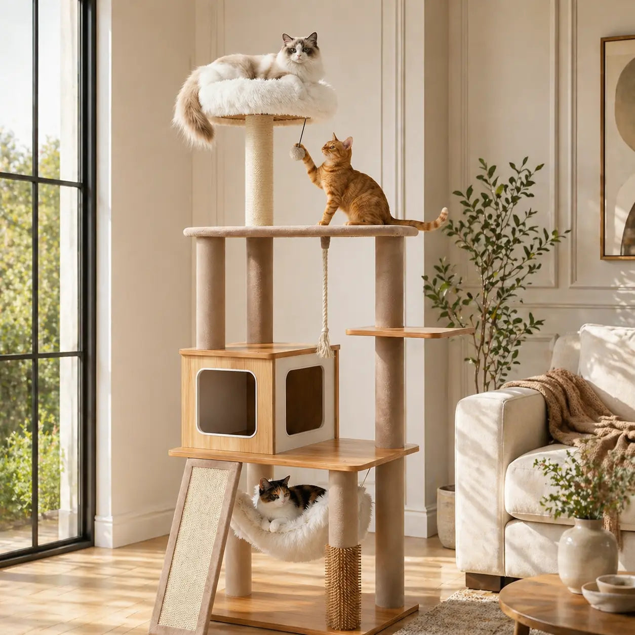 Purrlato 61-Inch Solid Wood Cat Tree - Heavy-Duty Modern Cat Tower with Extra Large Top Perch, Sturdy Scratching Posts, and Spacious Condo