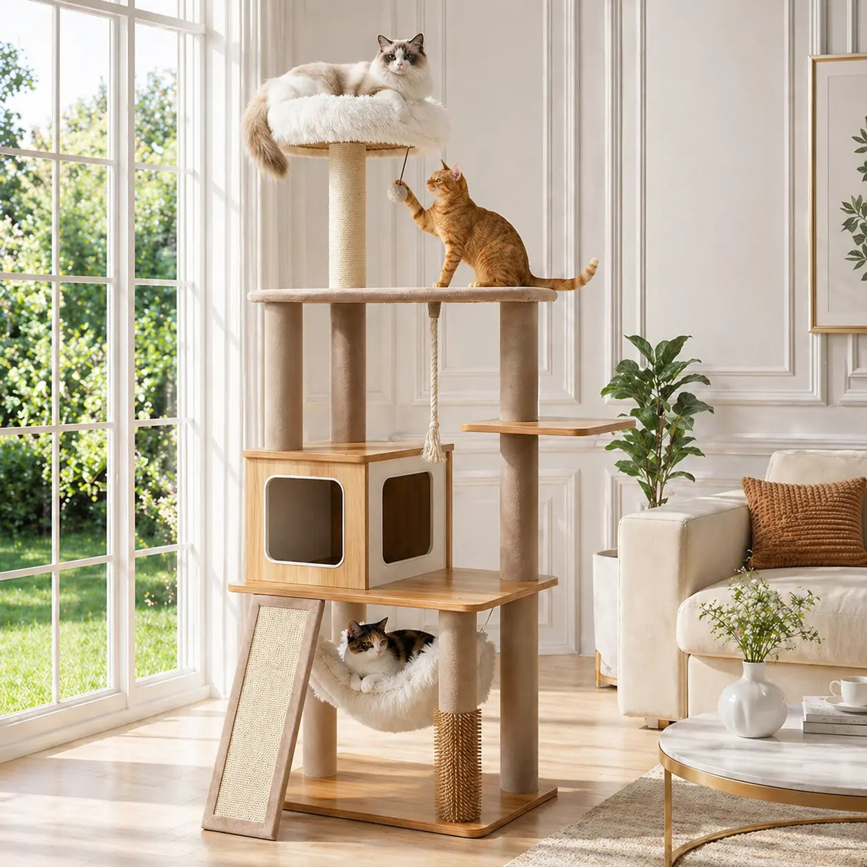 Purrlato 61-Inch Solid Wood Cat Tree - Heavy-Duty Modern Cat Tower with Extra Large Top Perch, Sturdy Scratching Posts, and Spacious Condo
