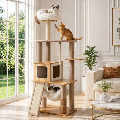 Purrlato 61-Inch Solid Wood Cat Tree - Heavy-Duty Modern Cat Tower with Extra Large Top Perch, Sturdy Scratching Posts, and Spacious Condo