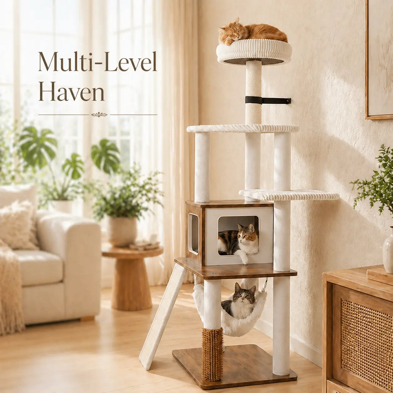Purrlato 61-Inch Solid Wood Cat Tree - Heavy-Duty Modern Cat Tower with Extra Large Top Perch, Sturdy Scratching Posts, and Spacious Condo