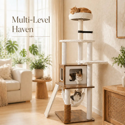 Purrlato 61-Inch Solid Wood Cat Tree - Heavy-Duty Modern Cat Tower with Extra Large Top Perch, Sturdy Scratching Posts, and Spacious Condo