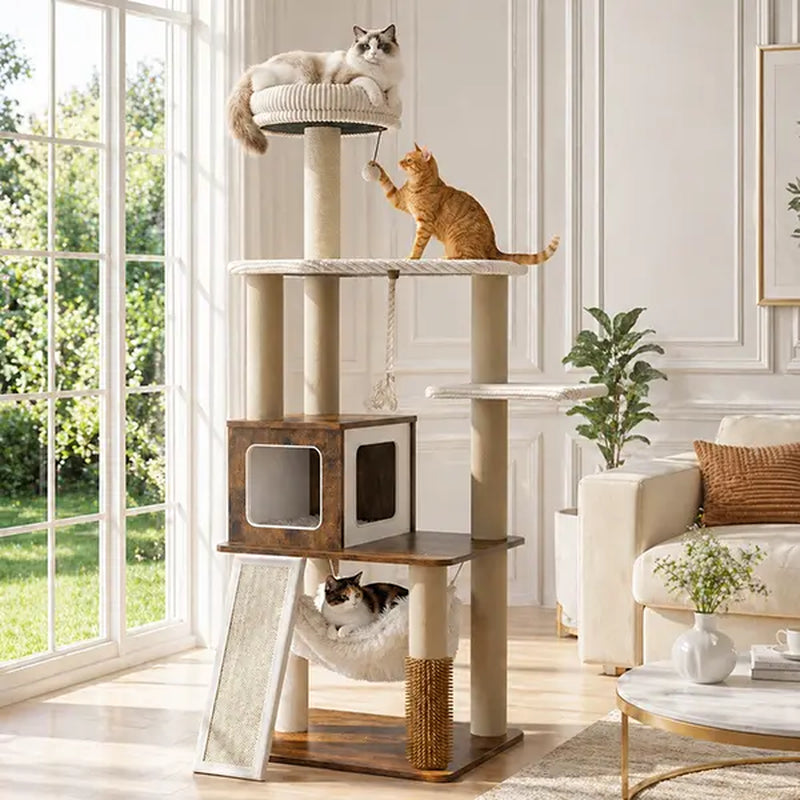 Purrlato 61-Inch Solid Wood Cat Tree - Heavy-Duty Modern Cat Tower with Extra Large Top Perch, Sturdy Scratching Posts, and Spacious Condo