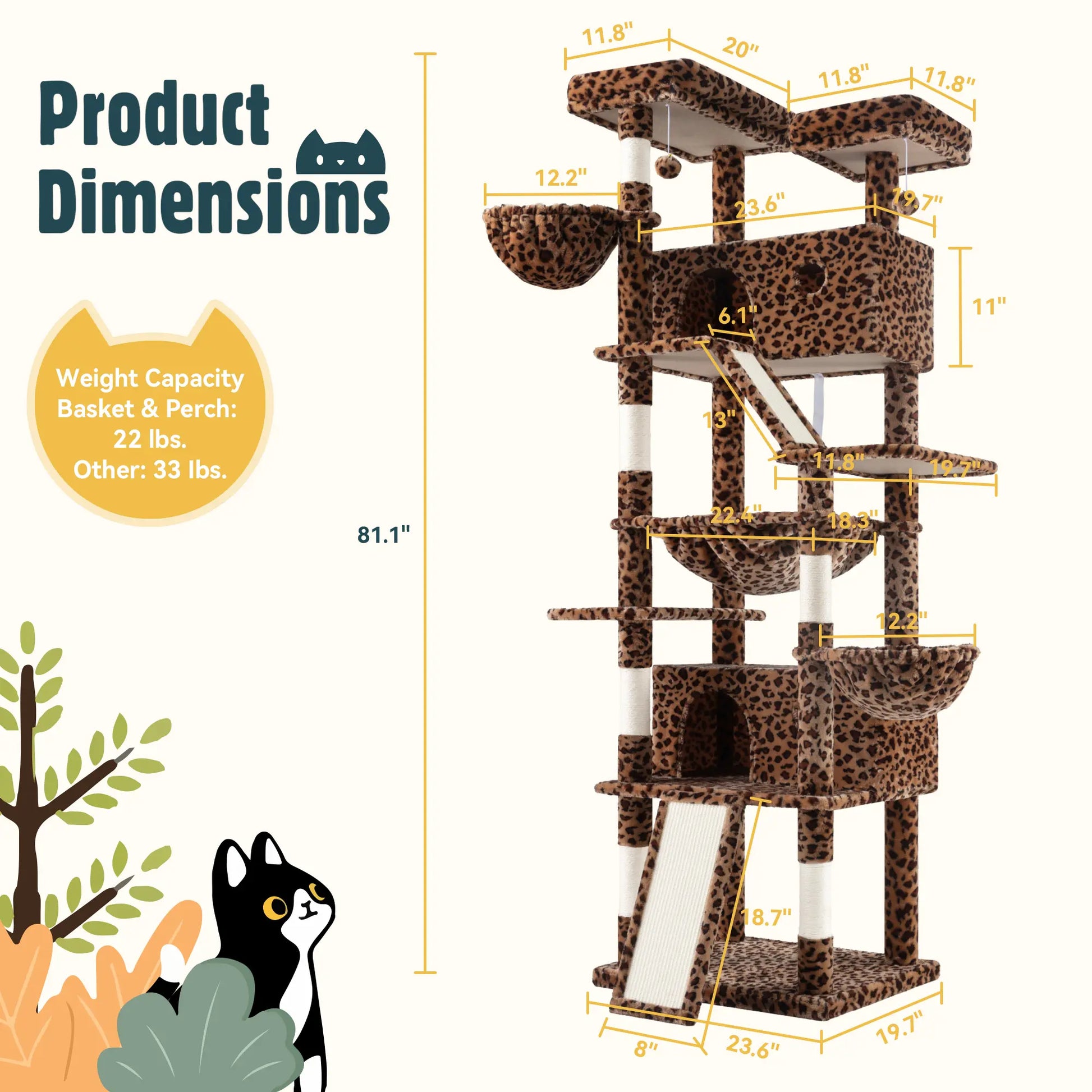 HOOMIC 81In Large Cat Tree Tower, Multi-Level Climbing House with Condo, Hammock & Scratching Post, Wide Base for Big Felines, Grey/Beige/Dark Blue/Pink/Leopard Print/Black Dots#Summervibes