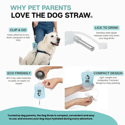 Dog Straw – Portable Dog Water Pouch with Stainless Steel Sipper - Lightweight, Lick-To-Sip, Perfect for Walks, Hikes & Travel. Adventure-Ready Hydration for Dogs on the Go.