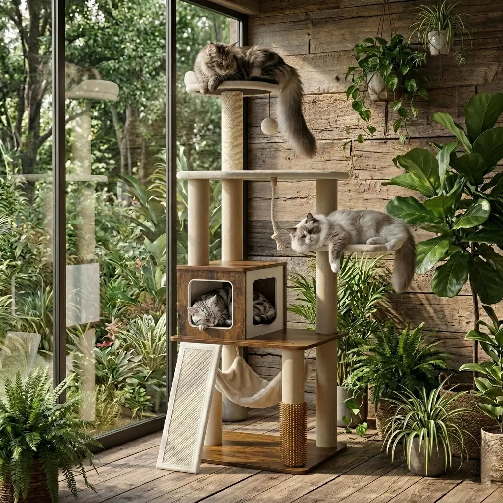 Purrlato 61-Inch Solid Wood Cat Tree - Heavy-Duty Modern Cat Tower with Extra Large Top Perch, Sturdy Scratching Posts, and Spacious Condo