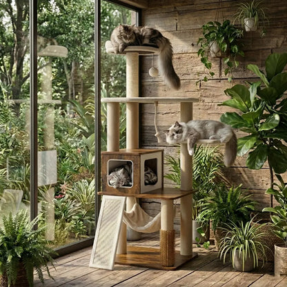 Purrlato 61-Inch Solid Wood Cat Tree - Heavy-Duty Modern Cat Tower with Extra Large Top Perch, Sturdy Scratching Posts, and Spacious Condo